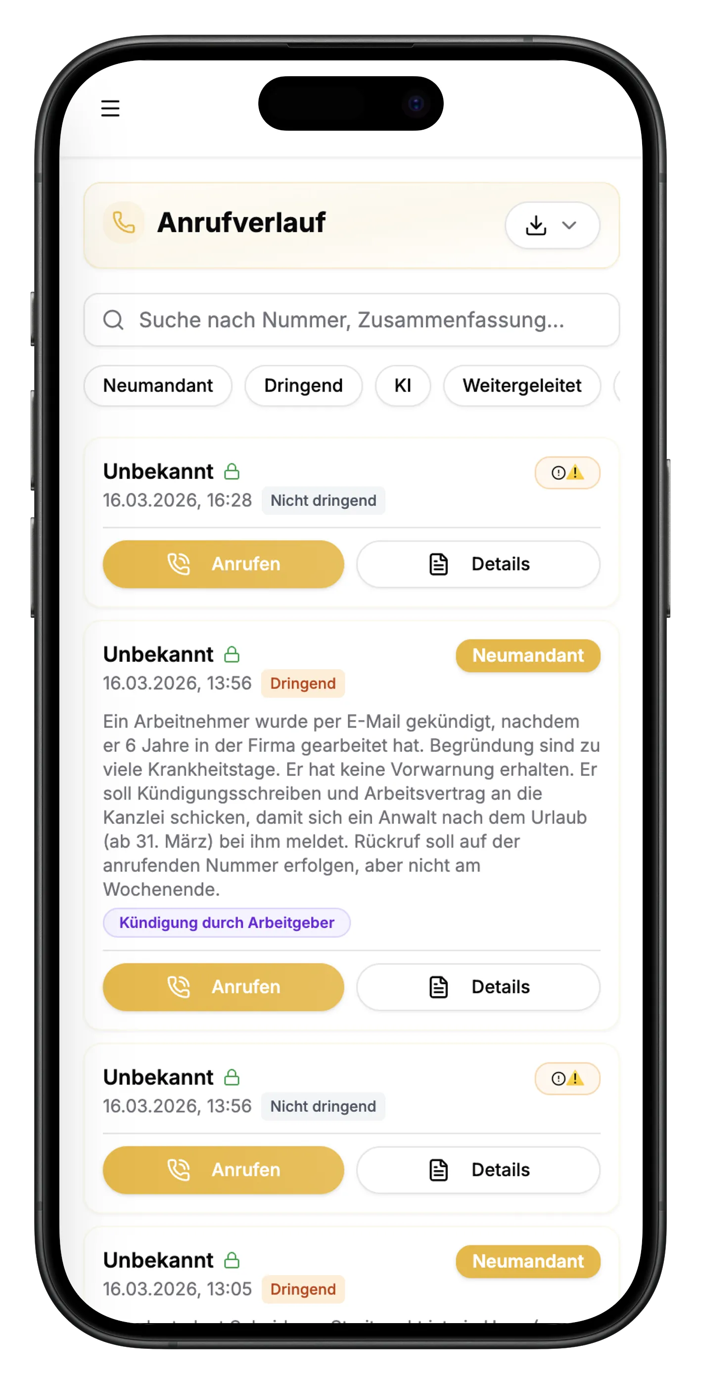 LexDial Mobile Anrufübersicht