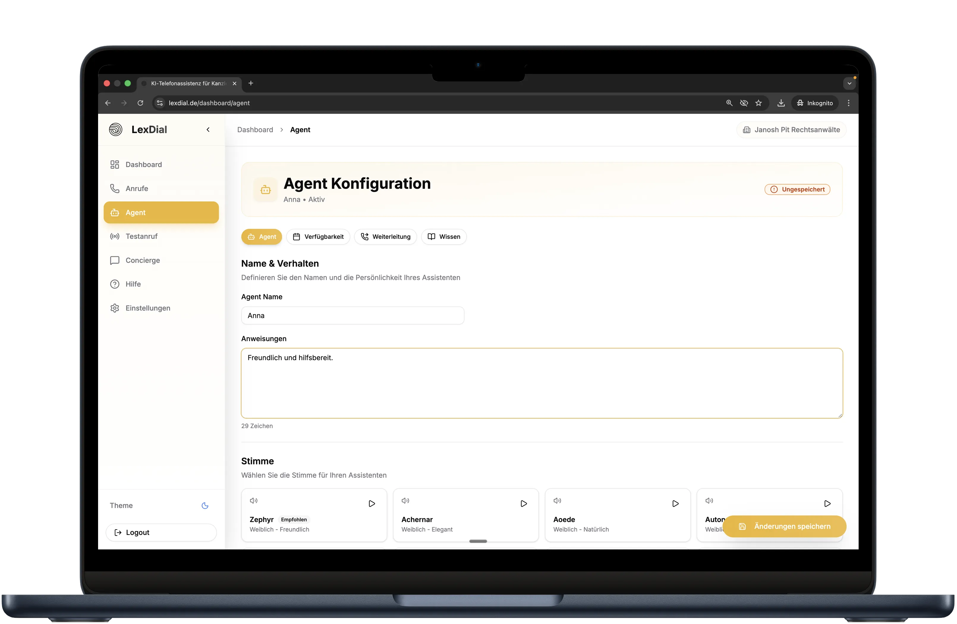 LexDial Agent-Konfiguration mit Stimmauswahl und Wissensdatenbank