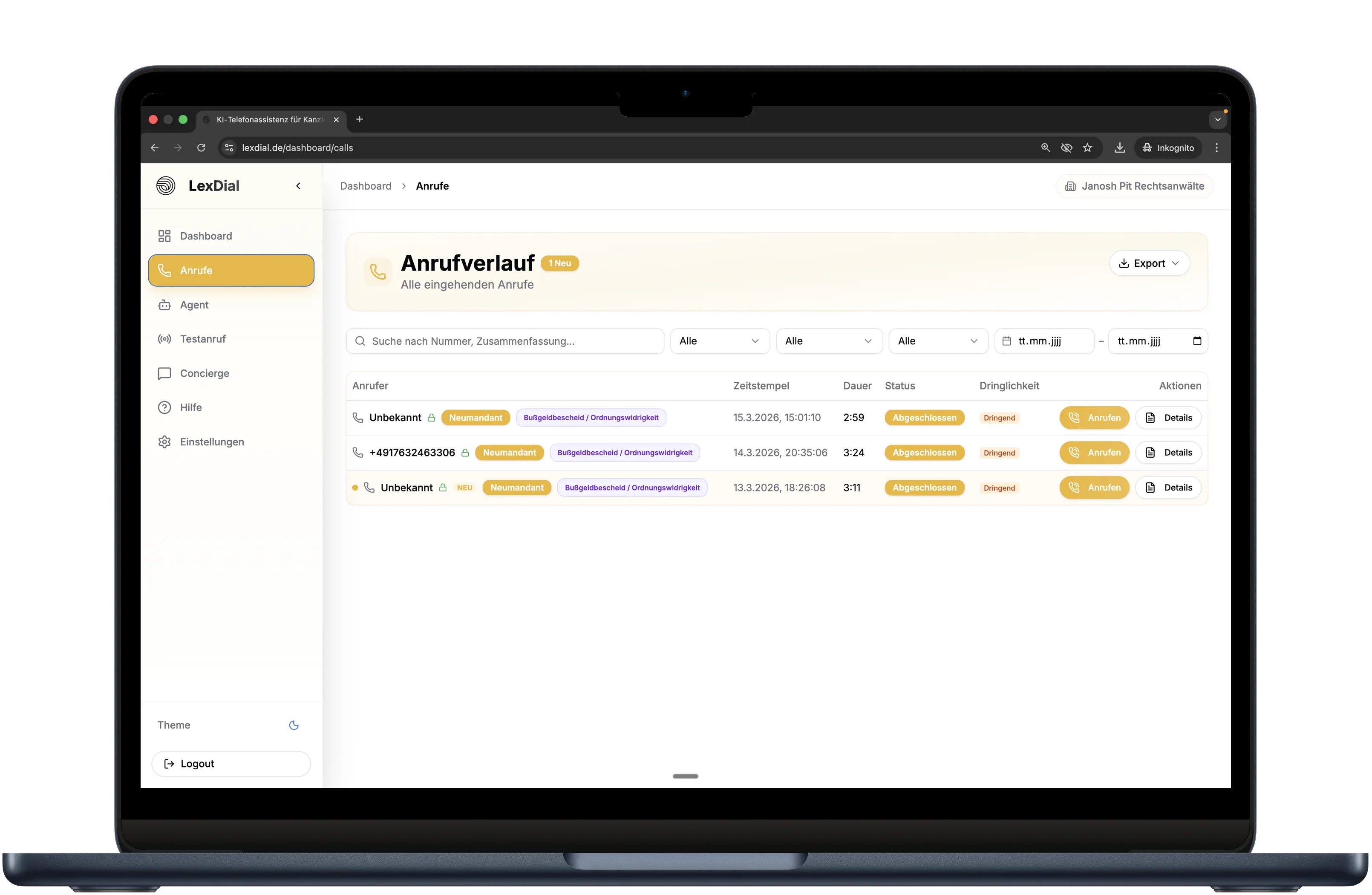 LexDial Anrufübersicht mit Zusammenfassungen und Dringlichkeitsbewertung